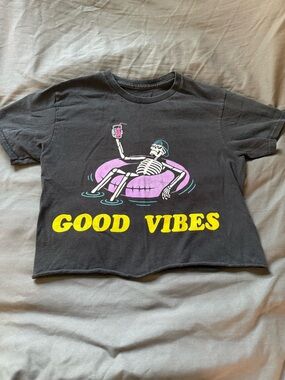 Good Vibes Black Graphic Crop Top with Purple Float